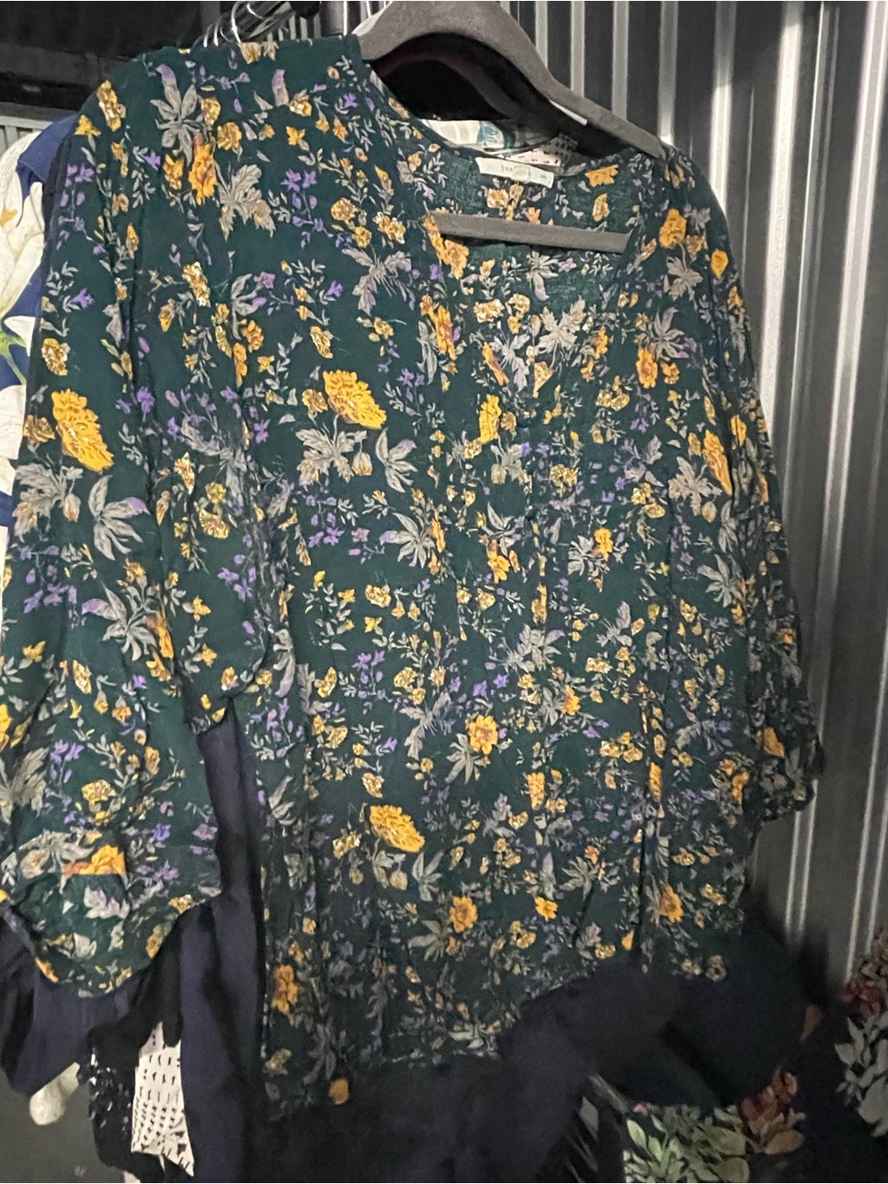 fun 2 fun Dark Green Floral Blouse with Yellow and Purple Accents- Stitch Fix